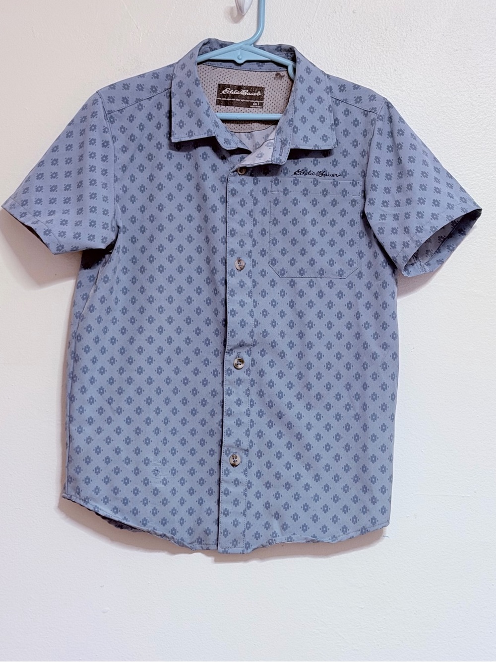 Eddie Bauer Short-Sleeve Button Shirt - Light Blue Geo Print Size 7